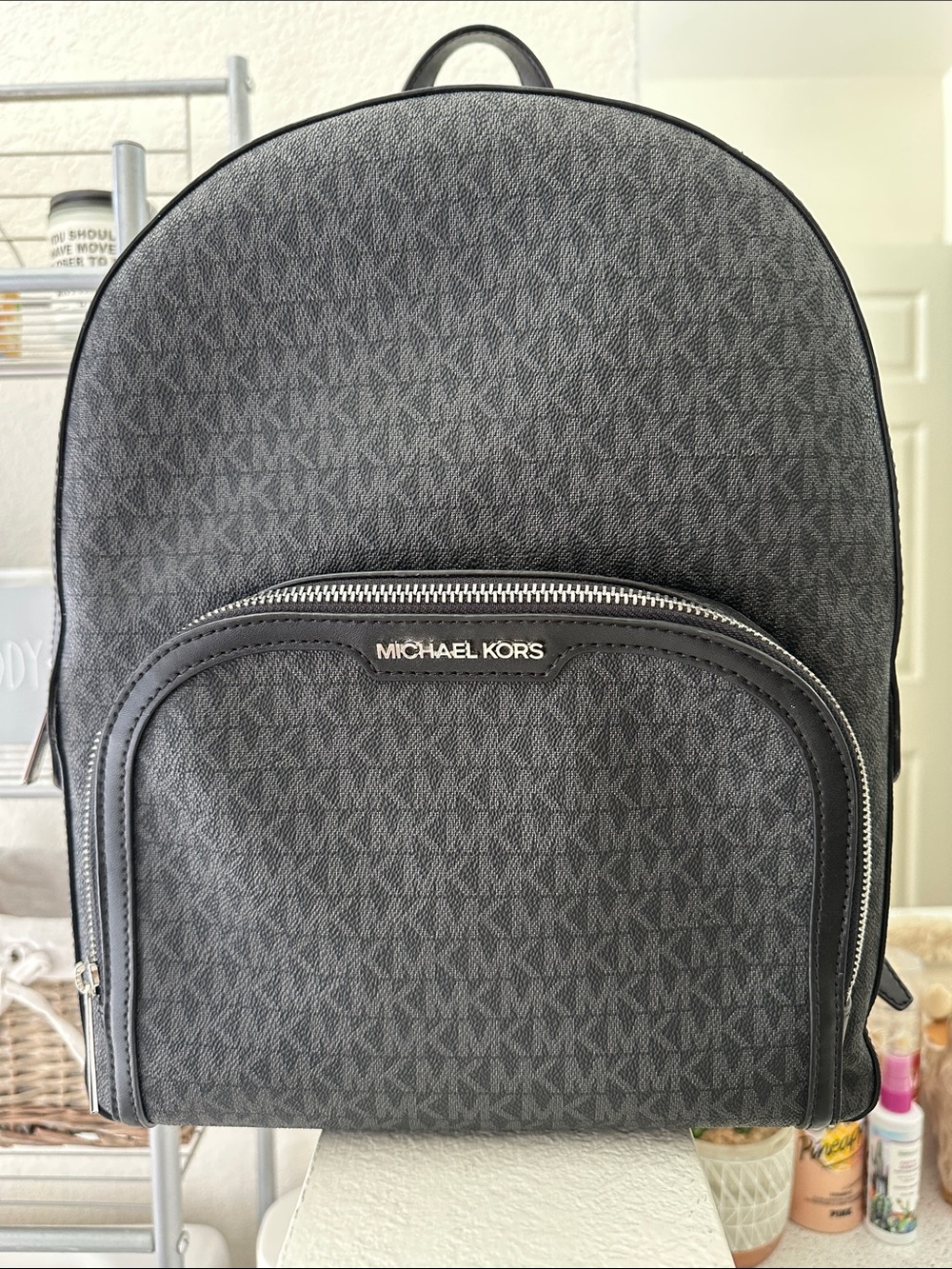 Michael Kors Black Gray MK Logo Backpack with Front Zip Pocket